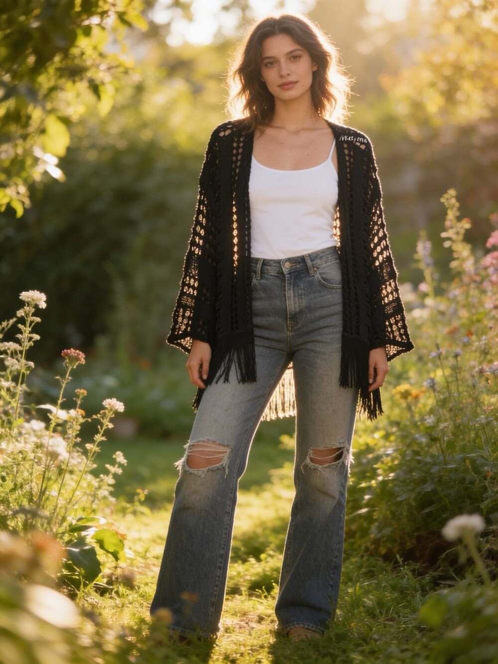 Mac And Me Black Crochet Open Front Cardigan Fringe Trim Size M